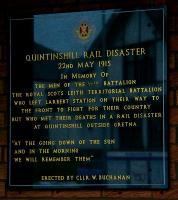 Plaque at Larbert station commemorating those who left on the troop train for Liverpool docks bound for Gallipoli in the early hours of 22nd May 1915 only to perish later that morning at Quintinshill. [See image 4099]  <br><br>[John Furnevel 25/05/2005]