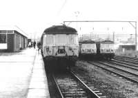 The south side of Airdrie terminus in September 1970. View is east, with a recently arrived train at platform 1 and other units stabled in the adjacent sidings.<br><br>[John Furnevel 05/09/1970]