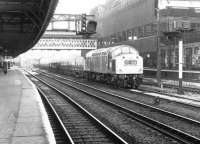 Eastbound freight through Manchester Victoria in November 1970. Platform 11, Britains longest railway platform, is on the left and the east end of Exchange station (closed the previous year) can be seen in the left background. <br><br>[John Furnevel 20/11/1970]