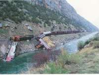 A freight train with the leading BNSF locomotive lying in the Big Horn River on 12 May 2010, following a derailment in Wind River Canyon.<br><br>[Brian Granger 12/05/2010]