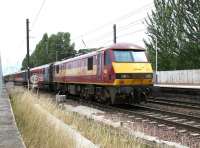 A train for North Berwick leaving Prestonpans on 15 July 2005 with EWS 90039 at the rear.<br><br>[John Furnevel 15/07/2005]