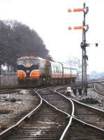 An arriving train about to pass Limerick Check in April 1996.<br><br>[Ian Dinmore /04/1996]