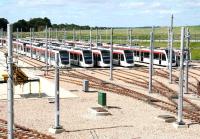 Trams lined up ready for the off in the sidings at Gogar depot on 30 August 2012. Roll-on September 2014.<br><br>[John Furnevel 30/08/2012]