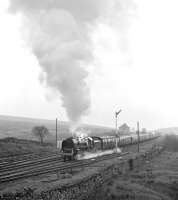 On Saturday 16th April 1988, I walked between Dent and Ribblehead stations, intercepting 9F No. 92220 at Blea Moor loops on the way. <I>Evening Star</I> was working the northbound 'Cumbrian Mountain Express' on this occasion. To judge from the photograph, the weather conditions were less than ideal for the outing over Blea Moor tunnel!<br><br>[Bill Jamieson 16/04/1988]