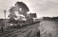 A westbound 54485 pauses at Innerpeffray, to the south east of Crieff, on the RCTS/SLS Joint Scottish Rail Tour on 15 June 1960. The special was on the leg from Methven to Comrie.<br><br>[WA Camwell (Copyright Stephenson Locomotive Society) 15/06/1960]