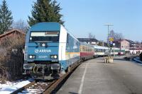 The trend in Germany in recent years has been for multiple units to displace loco hauled workings, both diesel and electric, with the former now almost in the endangered category. One exception to this trend is the Allgu Express connecting Munich with Lindau and Oberstdorf, which is operated by Arriva using diesel electric locos of Siemens Type ER20 and refurbished long distance coaches. No. 223071 pauses at Fischen on 10 March 2008 with the Oberstdorf portion of the 06.51 from Mnchen Hbf, which it has brought from Immenstadt - the front portion of the train (probably comprising just two coaches) will have proceeded to Lindau behind a similar machine.<br><br>[Bill Jamieson 10/03/2008]