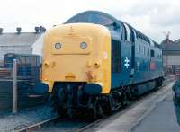 55019 <I>Royal Highland Fusilier</I> leaving Doncaster Works on 20 April 1982 under its own power, having just been handed over to the Deltic Preservation Society by British Rail.<br><br>[Colin Alexander 20/08/1982]
