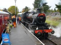 Ivatt 2-6-0 46512 awaits departure with the 11:00 from Dufftown station on 15 October as part of the Keith and Dufftown Railway's 150th anniversary celebrations.<br><br>[John Williamson 15/10/2012]