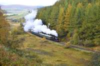Ivatt 2-6-0 No. 46512 working hard on the climb out of Dufftown on 14 October with the first train of the day for Keith Town, with coaches made up of KDR DMU stiock.<br><br>[John Gray 14/10/2012]