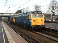 A pair of Class 50s from a previous Saturdays railtour head south through Leyland on 21 November 2011. In original railblue livery is 50044 leading 50049 in large logo livery. [See image 36479]<br><br>[John McIntyre 23/11/2011]