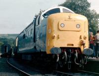 55009 <I>Alycidon</I> stands at Grosmont station on 21 August 1982. After handover to the Deltic Preservation Society at Doncaster Works the previous day [see image 19760] the Deltic is about to haul the first train of its preservation career.<br><br>[Colin Alexander 21/08/1982]