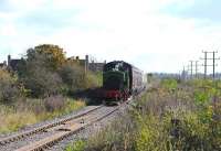 Barclay 0-6-0ST <I>Salmon</I> on the southern extension to the Swindon and Cricklade Railway approaching Blunsdon Station on 27 October. Following the opening of the SCR's Taw Valley Halt, the loco's can now run round their trains.<br><br>[Peter Todd 27/10/2012]