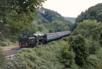 <I>Evening Star</I> cautiously descends the 1 in 49 from Goathland to Grosmont in July 1986. <br><br>[Colin Miller /07/1986]