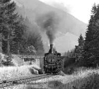 Scene on the 13 km long rack worked line through the Styrian Alps from Vordernberg to Erzberg, used to transport iron ore from the workings at Erzberg. Here 0-6-2RT No. 97.205 (with sister locomotive 97.204 at the rear) approaches Glaslbremse in September 1975 with the 14.10 empties from Vordernberg. The locos are about to enjoy a brief respite from climbing on the level section through Glaslbremse halt.<br><br>[Bill Jamieson 06/09/1975]