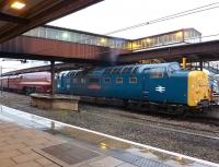 York's station lights do their best to combat the overall gloom during a heavy downpour on the morning of 21 November 2012. Meantime, Deltic 55002 <I>'The Kings Own Yorkshire Light Infantry'</I> prepares to depart on time at 09.41 with streamlined Stanier Pacific no 6229 <I>'Duchess of Hamilton'</I> in tow. The Duchess is en route to Shildon where she will join recently repatriated A4s 60008 <I>'Dwight D Eisenhower'</I> and 60010 <I>'Dominion of Canada'</I>. [See image 40640]<br><br>[Vic Smith 21/11/2012]