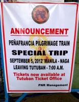 <h4><a href='/locations/M/Manila'>Manila</a></h4><p><small><a href='/companies/P/Philippines_National_Railways'>Philippines National Railways</a></small></p><p>Be honest: when did you last see a pilgrimage train advertised in the UK? I was tempted by this track bashing opportunity; but the thought of getting up at 3am, and not getting back to bed until probably 10 the following morning, rather put me off. But full marks to PNR for tapping into the pilgrim market - and utilizing track not normally used by passenger trains in daylight hours. 13/17</p><p>01/09/2012<br><small><a href='/contributors/Ken_Strachan'>Ken Strachan</a></small></p>