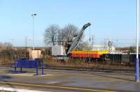 It would appear that the Didcot Railway Centre have taken to using their mobile crane as shed shunter! View from the platform at Didcot station on 4 December. <br><br>[Peter Todd 04/12/2012]