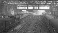 Looking south through Carlisle station from the footbridge on 1 July 1961. On the left D34 4-4-0 no 62484 <I>Glen Lyon</I> has recently arrived with the 12.25pm stopping train from Hawick.<br><br>[K A Gray 01/07/1961]