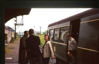 Members of the photographer's family climbing off a railbus at Dollar station in summer 1964. [See image 27868]<br><br>[Frank Spaven Collection (Courtesy David Spaven) //1964]