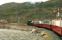 Ffestiniog Railway's 2-4-0ST+T <I>Blanche</I> traverses the Ddualt incline spiral in 1988 as it heads south on a working from Blaenau Ffestiniog to Porthmadog <br><br>[David Pesterfield 26/03/1988]