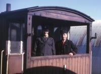 The guard and shunter of the daily goods from Aberdeen pose for the camera at Fraserburgh on 27th March 1973.<br><br>[David Spaven 27/03/1973]