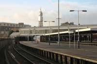 Blackpool North is deserted on Boxing Day 2012 and only 158903 is stabled in the station area. In the background, the tower is once again covered in scaffolding for another repair.<br><br>[Mark Bartlett 26/12/2012]