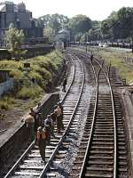 View west from Morningside Road station in June 1971, with track renewal work in progress on the down line. Morningside Road signal box stands in the background.<br><br>[Bill Jamieson 07/06/1971]