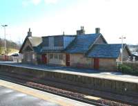 The station buildings on the westbound platform at Shotts on a bright and frosty February morning in 2006. The bridge carrying Station Road over the railway is just off picture to the left. <br><br>[John Furnevel 13/02/2006]