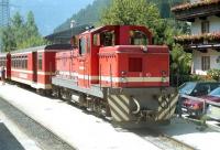 B-B diesel-hydraulic No. D10 of the 760mm gauge Zillertalbahn in Austria awaits departure from Mayrhofen with a service train to Jenbach in the mid 1990s. The ZB now operates an intensive service between the main line junction at Jenbach and the Mayrhofen terminus, using a mix of dmus and push-pull sets with modern diesel locos. [See image 42089]<br><br>[Bruce McCartney //]