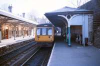 A York - Leeds DMU arrives at Knaresborough on 15 May 1990.<br><br>[Ian Dinmore 15/05/1990]