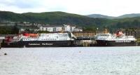 CalMac Ferries MV <I>Clansman</I> and MV <i>Isle Of Mull</i> berthed at Oban on 30 July 2011. The railway station stands just beyond and to the left. [See image 23295] <br><br>[John Steven 30/07/2011]