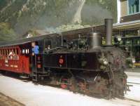 Zillertalbahn No. 3 'Tirol', a two cylinder 0-6-2T of class Uv (the v stands for Verbund = compound), has arrived at Mayrhofen with the afternoon tourist working from Jenbach in the mid-1990s.<br><br>[Bruce McCartney //]