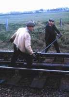Hard graft for two of the Buchan line PW gang at Fraserburgh in late 1974.<br><br>[David Spaven //1974]