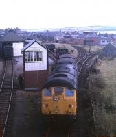 A Class 24 shunts Invergordon goods yard in summer 1973. This sub-class with no headcode panel was an unusual sight in the Highlands. At the time Invergordon boasted an Area Manager's office controlling extensive freight business from the nearby aluminium smelter and North Sea oil-related traffic as well as domestic coal, whisky, barley, malt, steel and potatoes - up to three local freight trips between Inverness and Invergordon daily.<br><br>[David Spaven //1973]