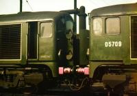 D5705+D5709 photographed at Polmadie shed on 16 May 1959 with their front doors open. The maker's plate on the side of D5705 reads <I>Metropolitan-Vickers 1958</I>. D5705 is the only one of the class to have been preserved and can be found on the East Lancashire Railway. [See image 18211]<br><br>[A Snapper (Courtesy Bruce McCartney) 16/05/1959]