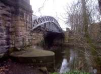 This arched bridge over the River Derwent near Derby Friargate station [see image 42539] was built only 200 yards downstream in the Handyside Foundry. View looks towards Nottingham, in a round about way.<br><br>[Ken Strachan 21/02/2013]