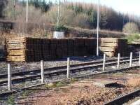 A stack of steel sleepers stockpiled at Crianlarich on 19 February in connection with the relaying of track south of the station. [See image 3591]<br><br>[David Pesterfield 19/02/2013]