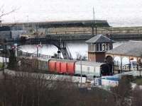 View from a hilltop location showing a quiet Boness Stn and Signalbox. <br><br>[Colin Harkins 12/03/2013]