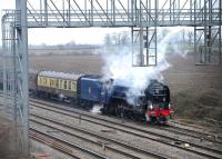 A1 Pacific no 60163 'Tornado' in the loop on the site of Challow Station on 21 March taking water from a nearby fire tender. The train is the Peterborough - Bristol Temple Meads <I>Cathedrals Express</I>. <br><br>[Peter Todd 21/03/2013]