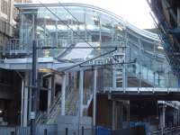 The new glazed entrance from Market Street and steps from the west side car park seen from platform 9 at Waverley Station in February 2013.<br><br>[David Pesterfield 04/02/2013]