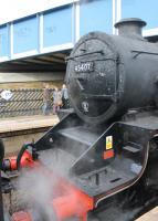The results of being second loco of the double headed <I>Tin Bath</I> charter are evident on the smokebox of Black 5 45407. Together with 44871 they had already tackled several gradients when the train called at Brighouse for water. No doubt after Copy Pit and Sough inclines on the next stage there would be a lot of work for the cleaners back at Bury. <br><br>[Mark Bartlett 18/03/2013]