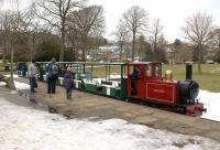 The station in the Pavilion Gardens at Buxton on 1 April 2013 with steam outline 0-6-0 locomotive <I>Edward Milner</I> bringing the last train of the day into the station.<br><br>[John McIntyre 01/04/2013]
