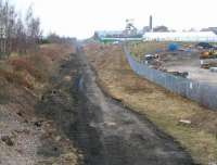 The cleared Waverley trackbed looking north from Lady Victoria Colliery towards the site of Newtongrange station in the distance on 12 April 2013. View from the B704 road. [See image 6108].<br><br>[John Furnevel 12/04/2013]