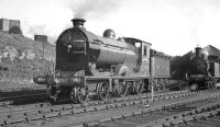 Preserved NBR 4-4-0 no 256 <I>Glen Douglas</I>, photographed on Dawsholm shed in September 1959. This was one of a number of preserved locomotives used to haul specials in connection with the Scottish Industries Exhibition being held in Glasgow at that time [see image 34225]<br><br>[K A Gray /09/1959]