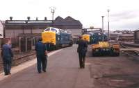 Deltic locomotives 55009 <I>Alycidon</I> and 55019 <I>Royal Highland Fusilier</I> leaving Doncaster works after the handover ceremony on 20 August 1982. The pair were about to start their journey to Grosmont. [See image 19760]<br><br>[Colin Alexander 20/08/1982]