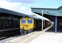 66588 brings containers through Didcot station on 26 April 2013.<br><br>[Peter Todd 26/04/2013]