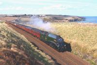 A4 Pacific no 60009 <I>Union of South Africa</I> reprises a role it would have been familiar with fifty years ago, hauling an express between Aberdeen and Edinburgh. Pictured on 24 April 2013 north of Stonehaven with the <I>Great Britain VI</I>.<br><br>[John Gray 24/04/2013]