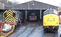 Locomotives on shed at Haworth on 27 April include 08266, 90733, 80002 and 37264.<br><br>[Colin Alexander 27/04/2013]