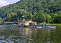 Steam on the river. The paddle steamer <i>Pirna</i>, built in 1898 as the <i>Knig Albert</i> and renamed in 1919, still plies the River Elbe south of Dresden through 'Saxon Switzerland' and is seen here at Bad Schandau in the summer of 2001.<br><br>[Bill Jamieson 26/06/2001]