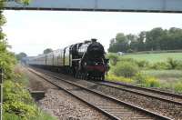 Originating in Kilmarnock the <I>Fylde Coast Express</I> was steam hauled over the S&C and on to Blackpool on 22 May 2013 by Black 5 44932. It is seen here on the approach to Poulton-le-Fylde, just a few minutes away from its destination.  Relatively few steam excursions use the Blackpool line and the return leg of this charter retraced the route but was diesel hauled throughout. <br><br>[Mark Bartlett 22/05/2013]